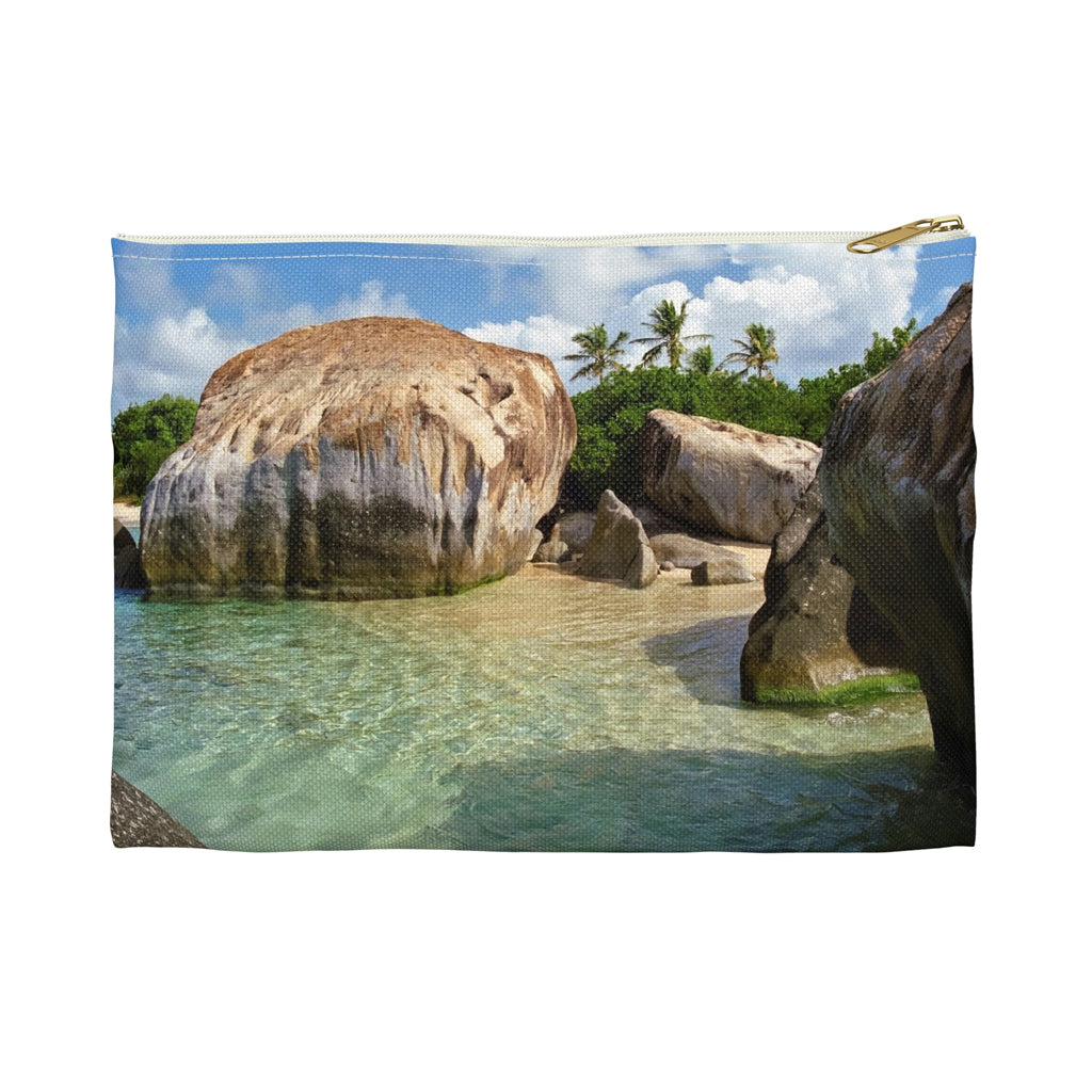 Front view of the small 8.5 x 6 inch pouch with calm turquoise water design and white zipper.