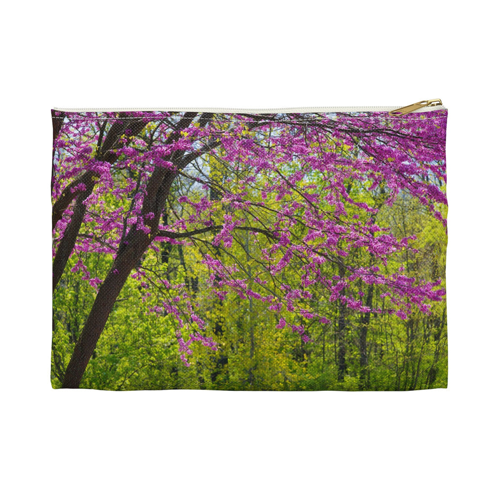Front view of the small 8.5 x 6 inch pouch with tree blossoms design and white zipper.