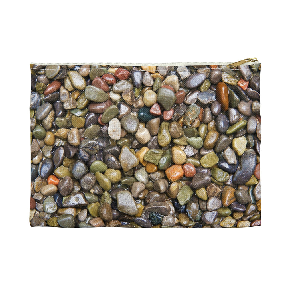Front view of the small 8.5 x 6 inch pouch with pebbles and stones design and white zipper.