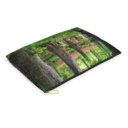 Small pouch with wetland design lying flat, showcasing the slim profile feature.