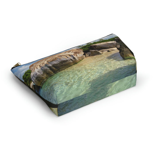 Bottom view of the kit bag with calm turquoise water design angled to showcase the depth and all over print design.