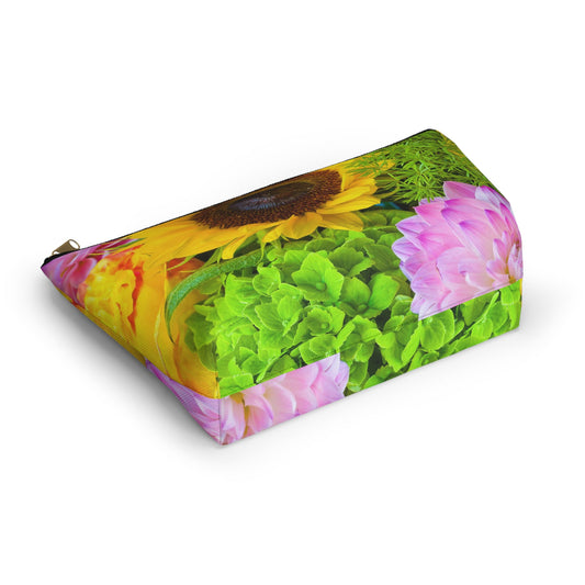 Bottom view of the kit bag with flower bouquet design angled to showcase the depth and all over print design.