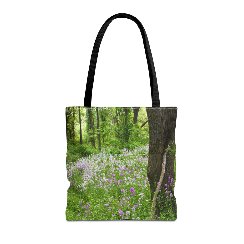 Front view of the medium 16 x 16 inch tote bag with forest wildflowers design.