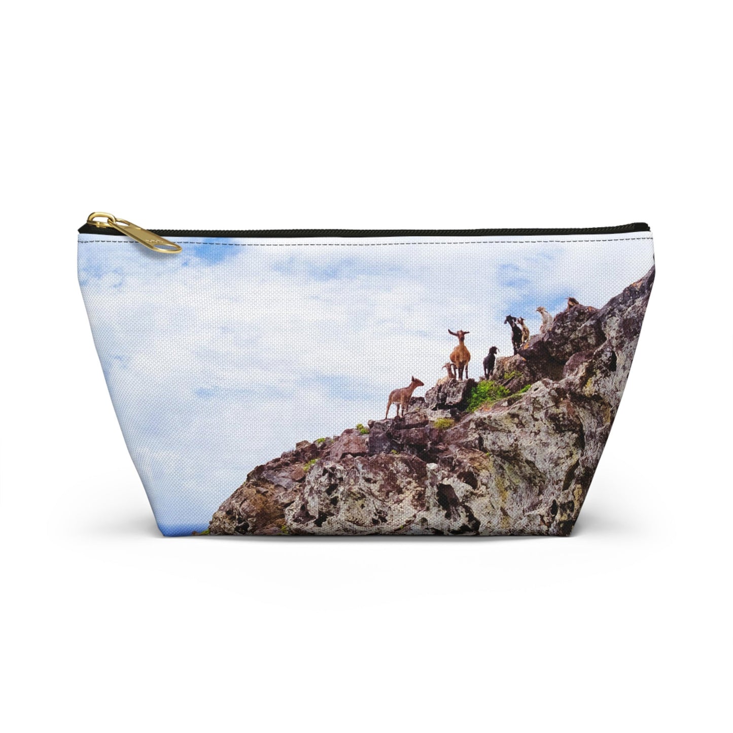 Front view of the small 8.75 x 4.75 x 2.25 inch kit bag with curious goats design and black zipper.
