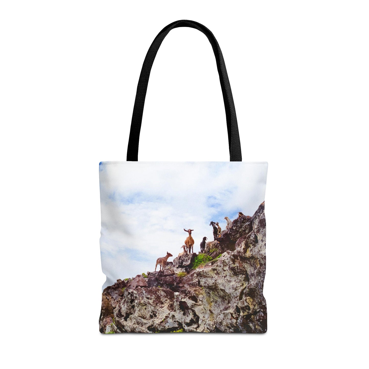 Front view of the medium 16 x 16 inch tote bag with the curious goats design.
