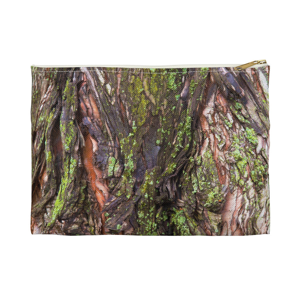 Front view of the small 8.5 x 6 inch pouch with green mossy bark design and white zipper.