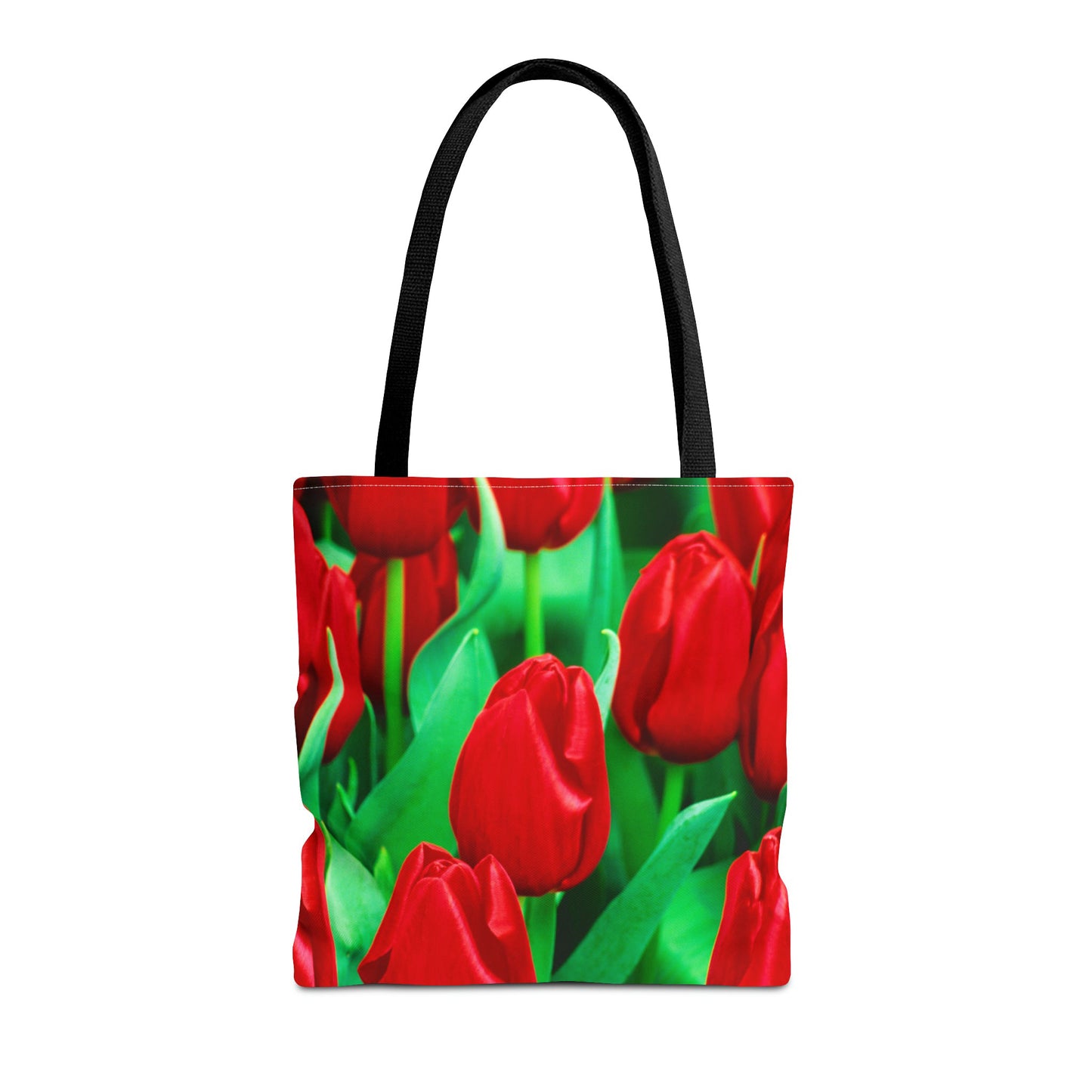 Front view of the medium 16 x 16 inch tote bag with the red tulips design.