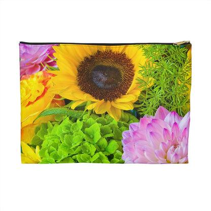 Zippered accessory pouch featuring vibrant photo art of sunflower amid tight cluster of brilliantly colored blooms.