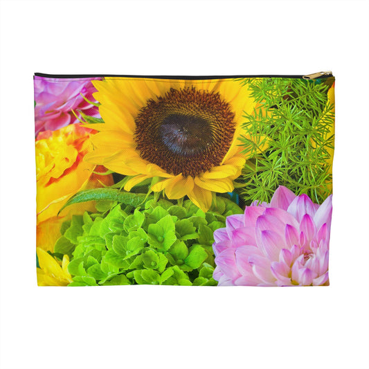 Zippered accessory pouch featuring vibrant photo art of sunflower amid tight cluster of brilliantly colored blooms.