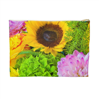 Front view of the large 12 x 8.75 inch pouch with flower bouquet design and white zipper.