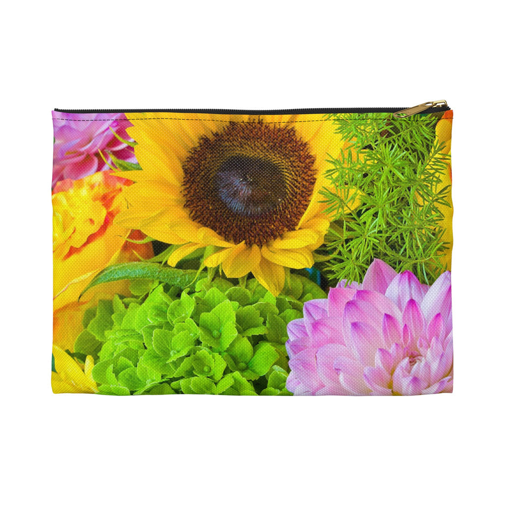 Front view of the small 8.5 x 6 inch pouch with flower bouquet design and black zipper.