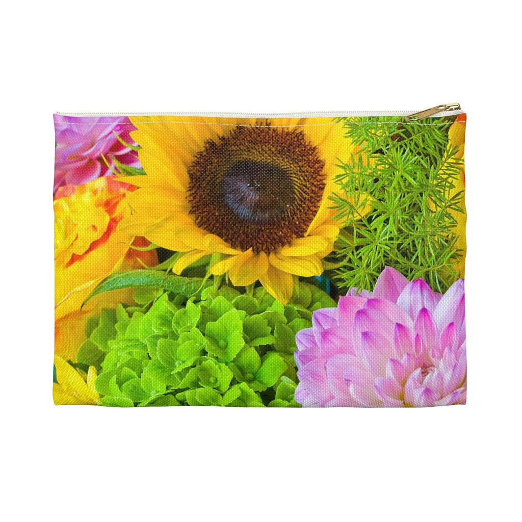 Front view of the small 8.5 x 6 inch pouch with flower bouquet design and white zipper.