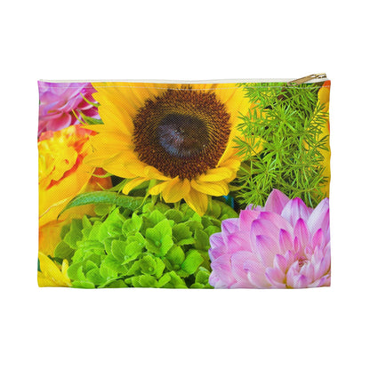 Front view of the small 8.5 x 6 inch pouch with flower bouquet design and white zipper.