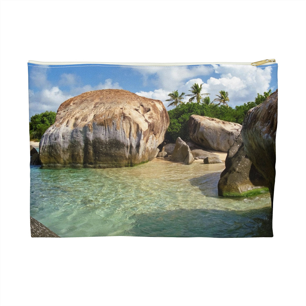 Front view of the large 12 x 8.75 inch pouch with calm turquoise water design and white zipper.