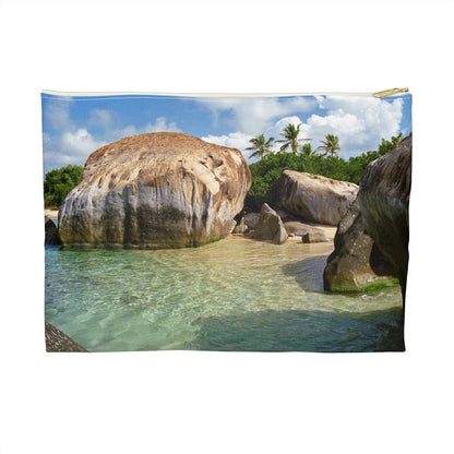 Front view of the large 12 x 8.75 inch pouch with calm turquoise water design and white zipper.