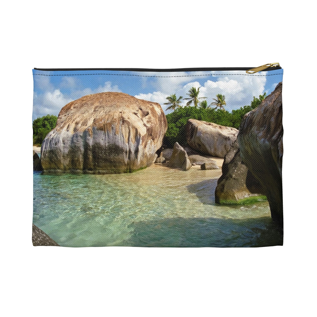 Front view of the small 8.5 x 6 inch pouch with calm turquoise water design and black zipper.