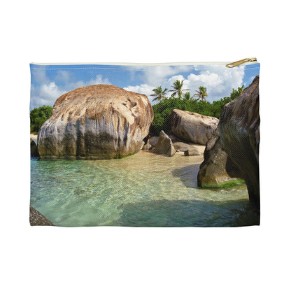 Front view of the small 8.5 x 6 inch pouch with calm turquoise water design and white zipper.