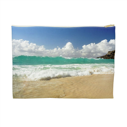 Zippered accessory pouch featuring vibrant photo art of a vast turquoise Caribbean wave cresting and crashing onto the beach.