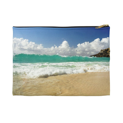Front view of the small 8.5 x 6 inch pouch with crashing waves design and black zipper.