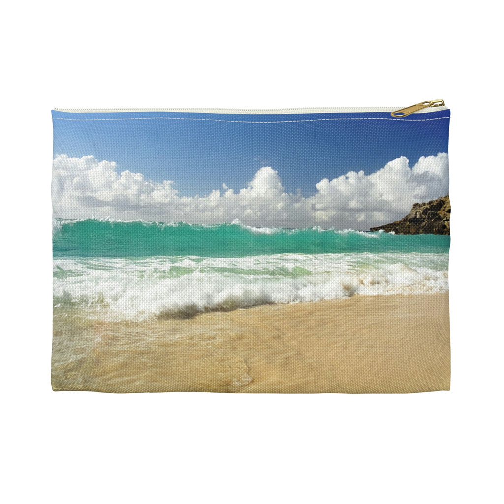 Front view of the small 8.5 x 6 inch pouch with crashing waves design and white zipper.