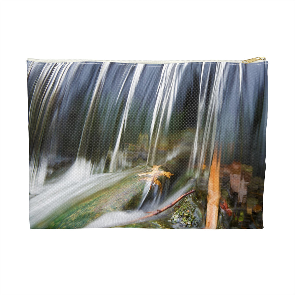 Front view of the large 12 x 8.75 inch pouch with creek waterfall design and white zipper.