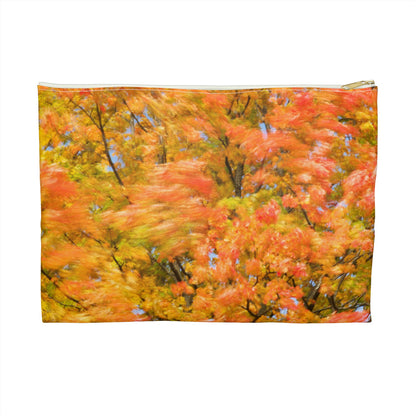Front view of the large 12 x 8.75 inch pouch with fall colored trees design and white zipper.