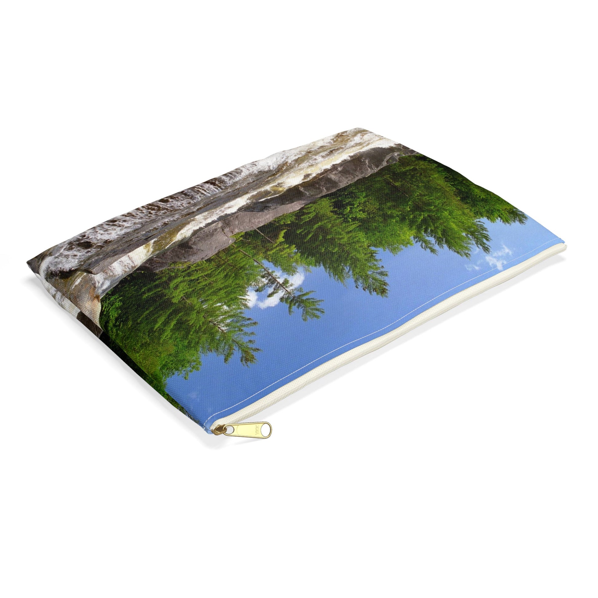 Small pouch with forest waterfall design lying flat, showcasing the slim profile feature.