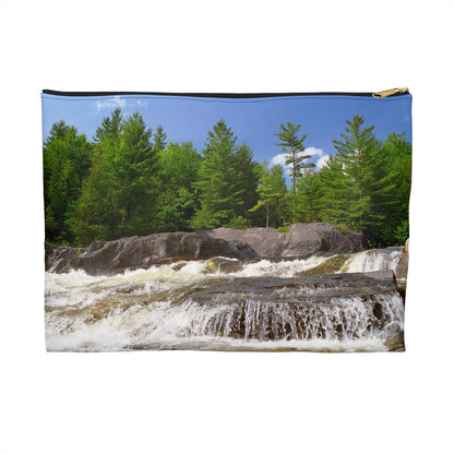 Front view of the large 12 x 8.75 inch pouch with forest waterfall design and black zipper.