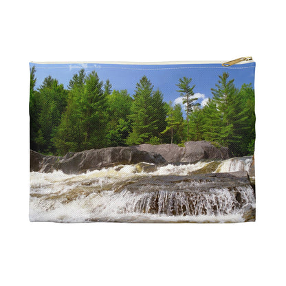 Front view of the small 8.5 x 6 inch pouch with forest waterfall design and white zipper.
