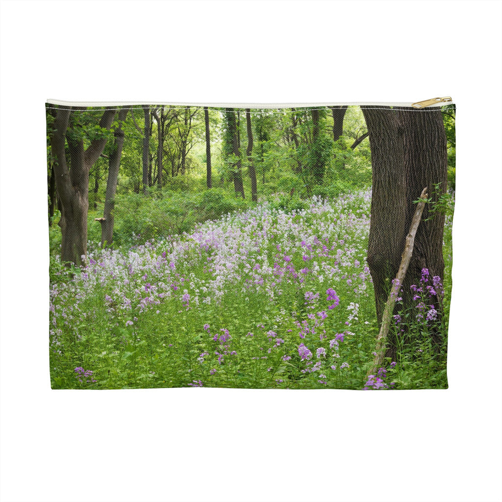 Front view of the large 12 x 8.75 inch pouch with forest wildflowers design and white zipper.