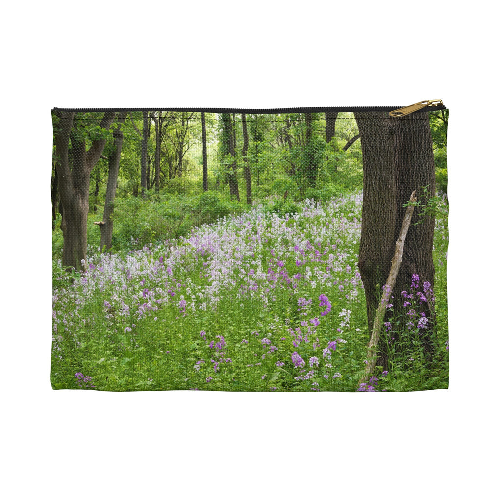 Front view of the small 8.5 x 6 inch pouch with forest wildflowers design and black zipper.
