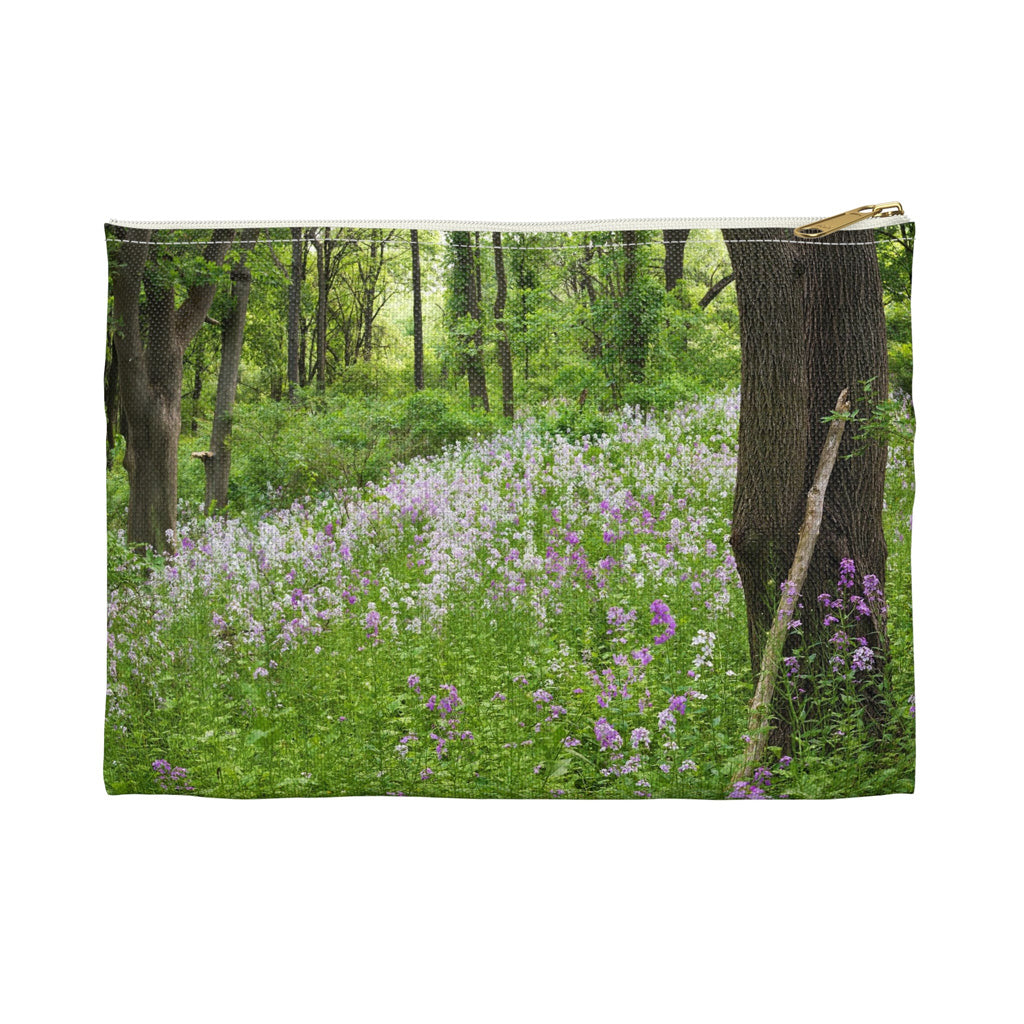 Front view of the small 8.5 x 6 inch pouch with forest wildflowers design and white zipper.
