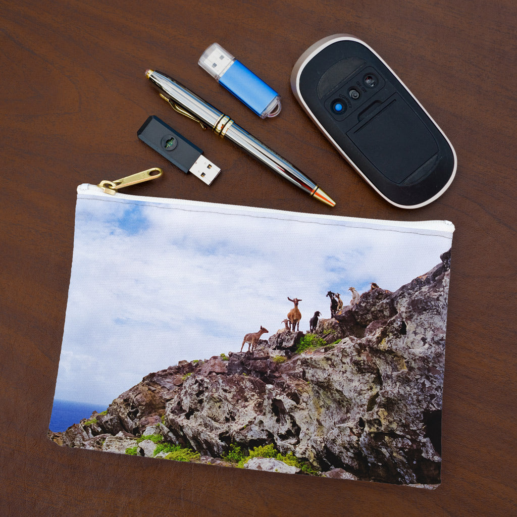 Small pouch with curious goats design lying flat on desktop with thumb drives, computer mouse and pen.
