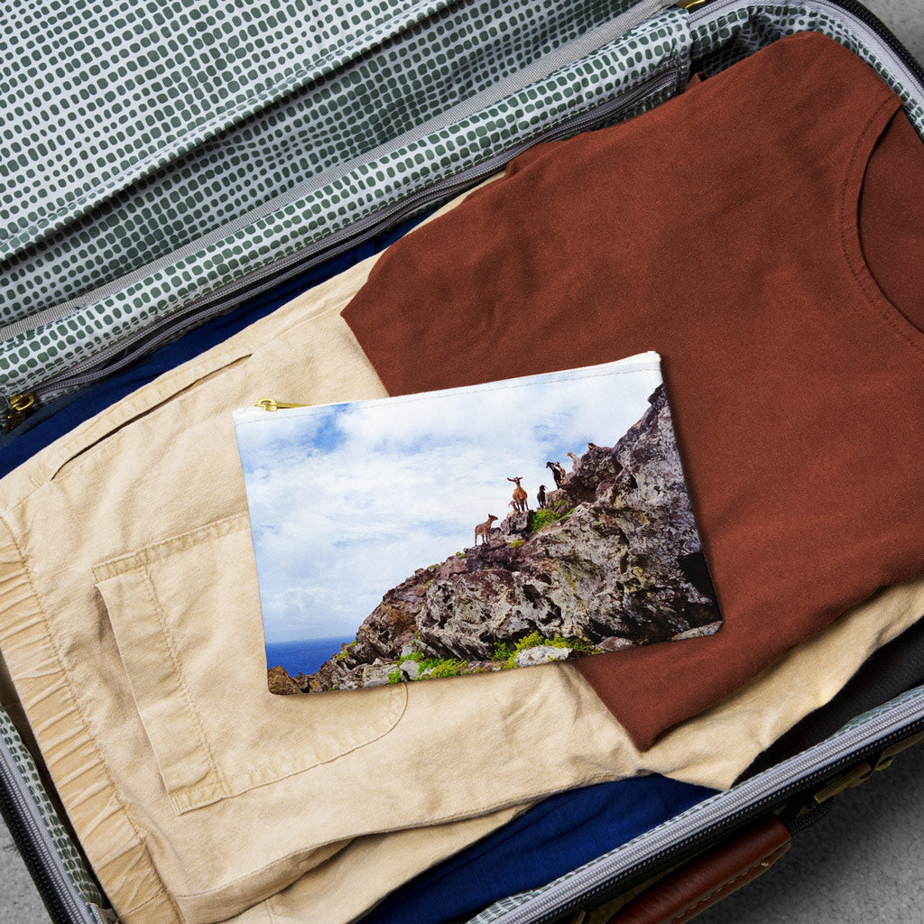 Small pouch with curious goats design lying flat atop the contents of an open suitcase.
