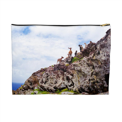 Front view of the large 12 x 8.75 inch pouch with curious goats design and black zipper.