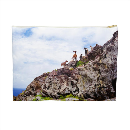 Zippered accessory pouch featuring vibrant photo art of goats perched on a rocky cliff staring curiously into camera.