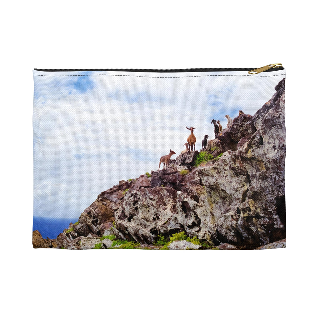 Front view of the small 8.5 x 6 inch pouch with curious goats design and black zipper.