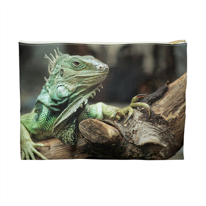 Front view of the large 12 x 8.75 inch pouch with green iguana design and white zipper.