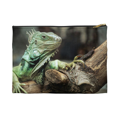 Front view of the small 8.5 x 6 inch pouch with green iguana design and black zipper.