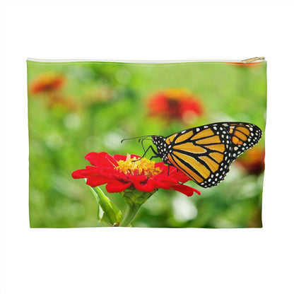 Front view of the large 12 x 8.75 inch pouch with butterfly on flower design and white zipper.