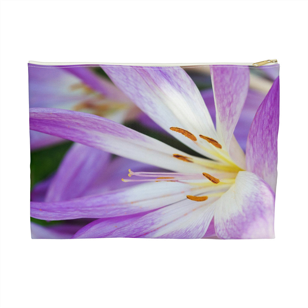 Front view of the large 12 x 8.75 inch pouch with purple flower, orange stamen design and white zipper.