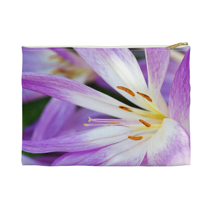 Front view of the small 8.5 x 6 inch pouch with purple flower, orange stamen design and white zipper.