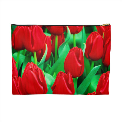 Zippered accessory pouch featuring vibrant photo art close up of brilliant red tulips with bright green stems.