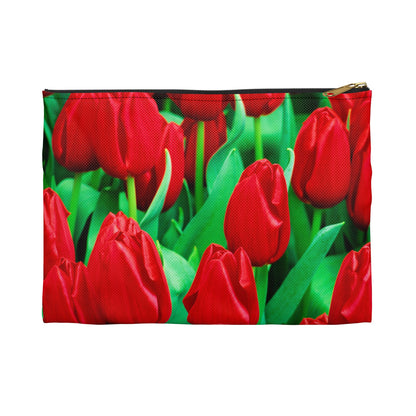 Front view of the small 8.5 x 6 inch pouch with red tulips design and black zipper.
