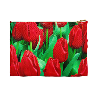 Front view of the small 8.5 x 6 inch pouch with red tulips design and white zipper.