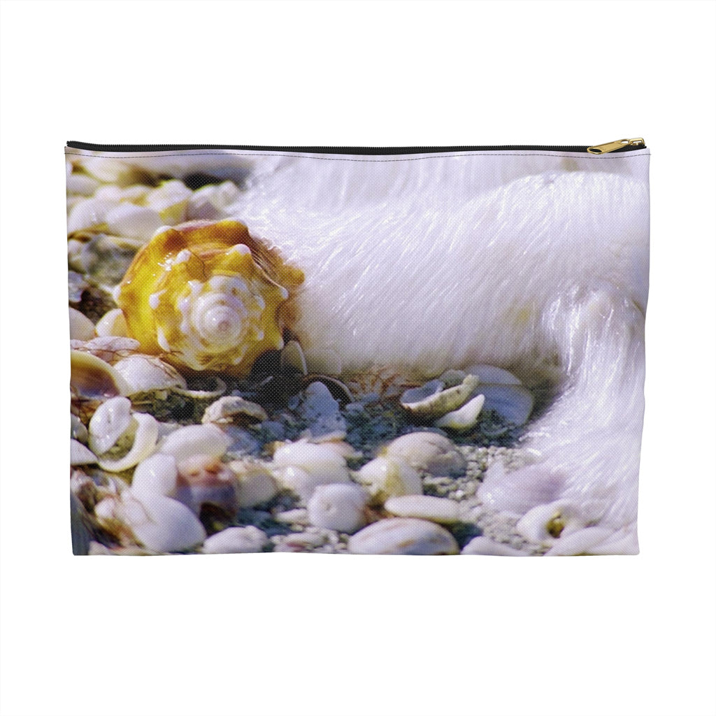Front view of the large 12 x 8.75 inch pouch with shell in surf design and black zipper.