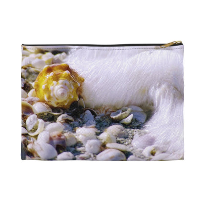 Front view of the small 8.5 x 6 inch pouch with shell in surf design and black zipper.