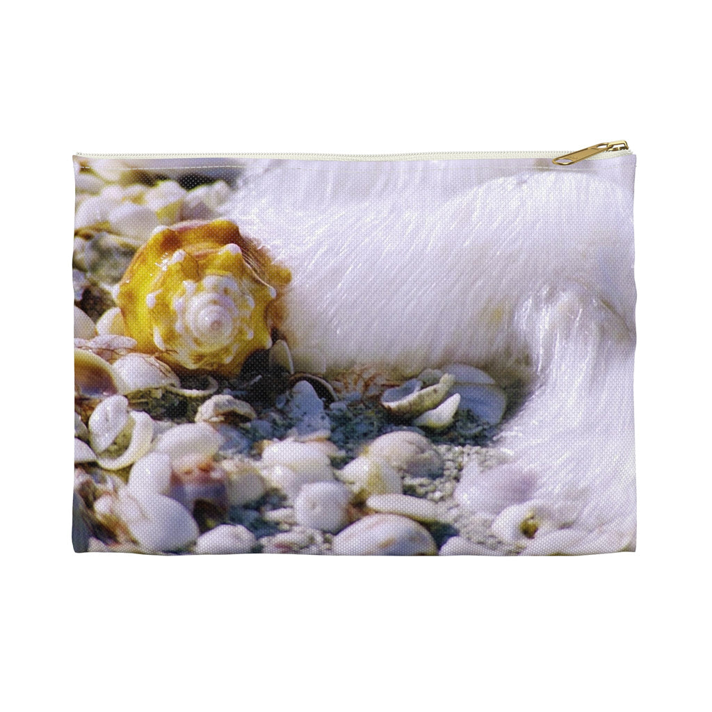 Front view of the small 8.5 x 6 inch pouch with shell in surf design and white zipper.