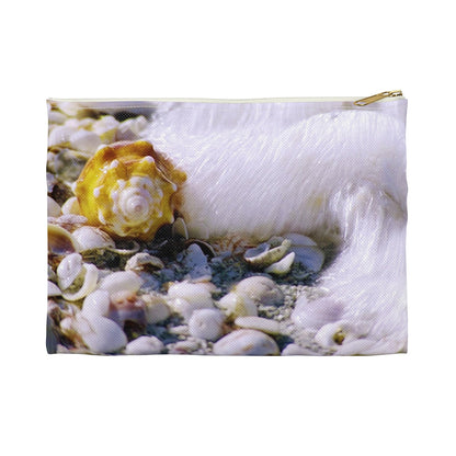 Front view of the small 8.5 x 6 inch pouch with shell in surf design and white zipper.
