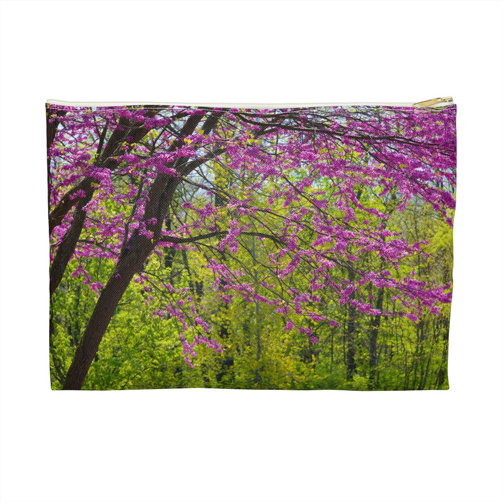Front view of the large 12 x 8.75 inch pouch with tree blossoms design and white zipper.